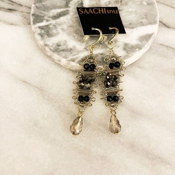 Saachi Style Glass Beaded Earrings Black Smokey Gray Teardrop Gold Toned Metal - Picture 2 of 5